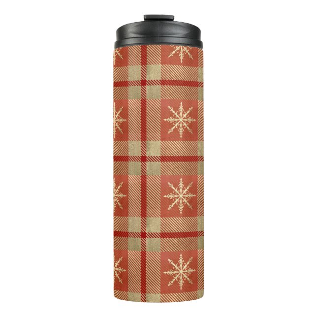 RED & GOLD WINTER SNOWFLAKE PLAID PATTERNS THERMAL TUMBLER (Front)