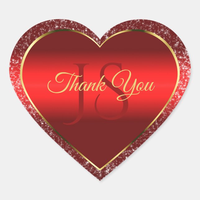 Red Gold with Glitter Stars and Initials Thank You Heart Sticker (Front)