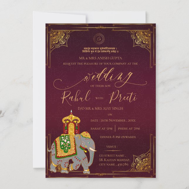 Red Gold With Lord Ganesh Elegant Indian Wedding Invitation (Front)
