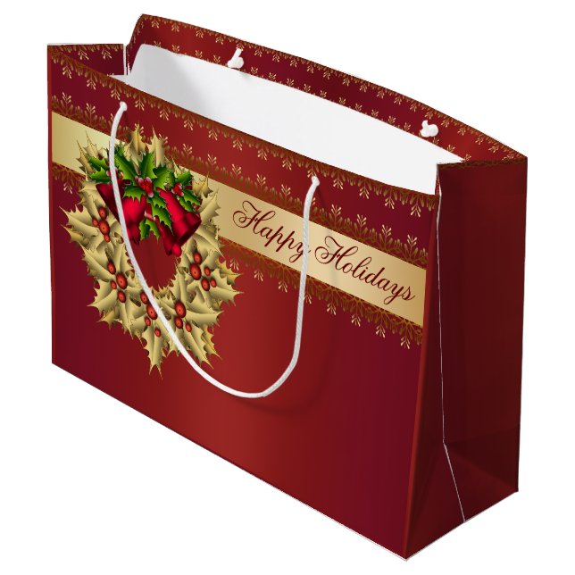 Red Gold Wreath Christmas Holiday Gift Large Gift Bag (Back Angled)