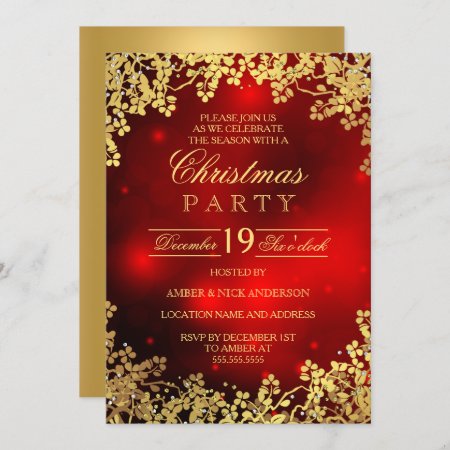 Red Gold Wreath Christmas Party Invitation