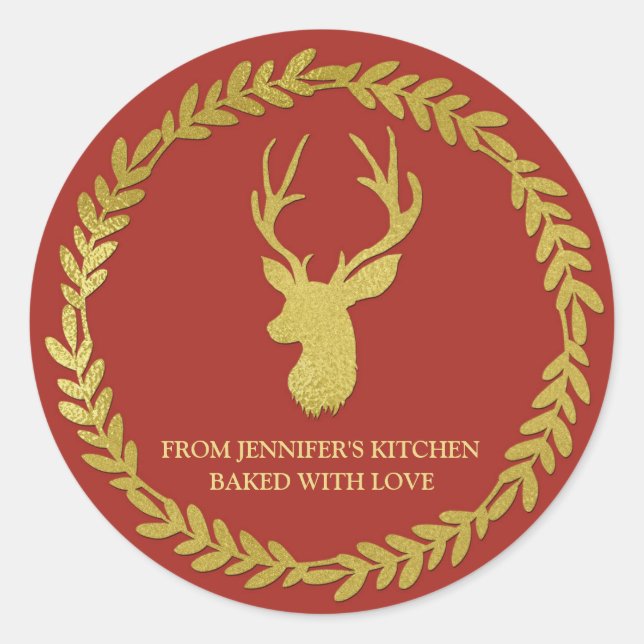 Red Gold Wreath Deer Christmas Baking Sticker (Front)