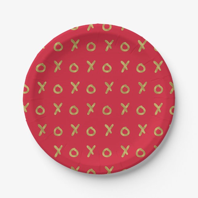 Red & Gold X O XO XO's Trendy Cute Paper Plates (Front)