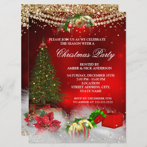 Red Gold Xmas Tree festive Christmas Party Invitation