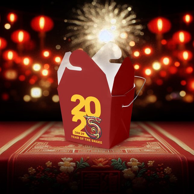 Red Gold Year of the Snake 2025 Favor Boxes (CNY 2025 Takeout Style Favor Box Fireworks Lanterns Cover Photo)