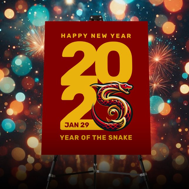 Red Gold Year of the Snake 2025 Foam Board (CNY 2025 22x28-inch Foam Board on Stand Fireworks Cover Photo)