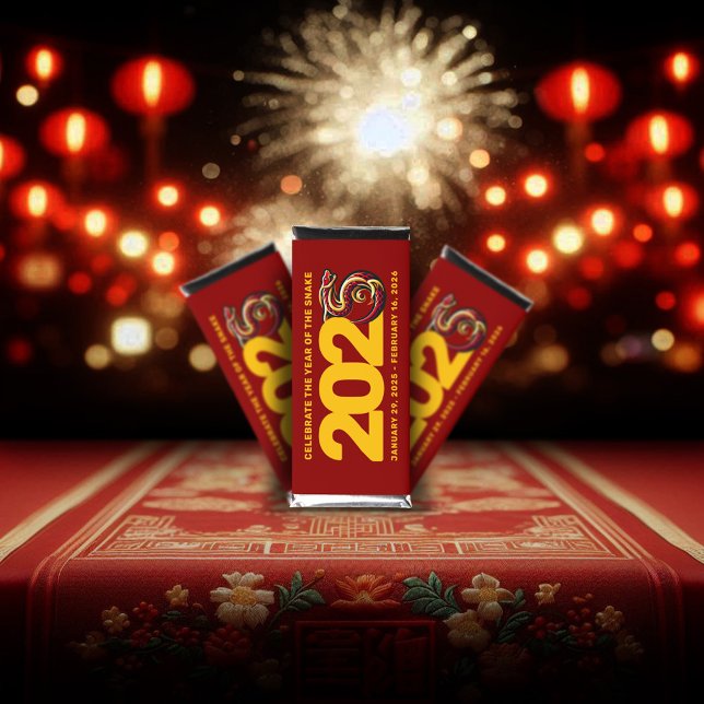 Red Gold Year of the Snake 2025 Hershey Bar Favors (CNY 2025 Chocolate Bars Fireworks Lanterns Cover Photo)