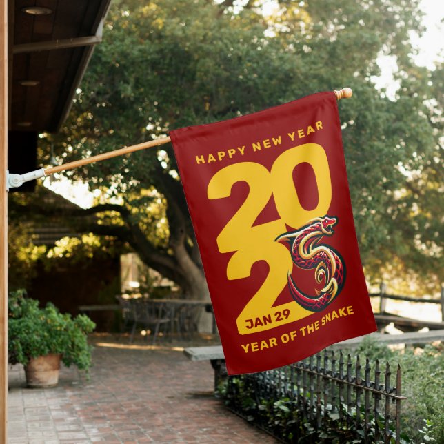 Red Gold Year of the Snake 2025 House Flag (In SItu)
