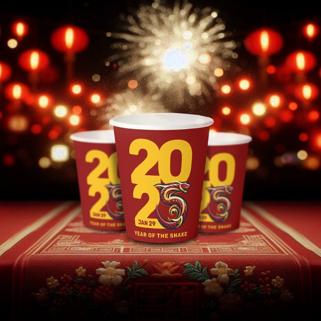 Red Gold Year of the Snake 2025 Paper Cups (CNY 2025 Paper Cups Fireworks Lanterns Cover Photo)