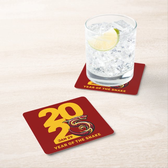 Red Gold Year of the Snake 2025 Square Paper Coaster (Insitu)