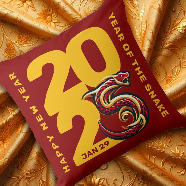 Red Gold Year of the Snake 2025 Throw Pillow (CNY 2025 Throw Pillow Golden Fabric Cover Photo)