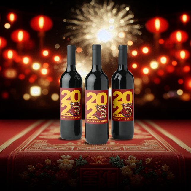 Red Gold Year of the Snake 2025 Wine Label (CNY 2025 Trio of Wine Bottles Fireworks Lantern Cover Photo)