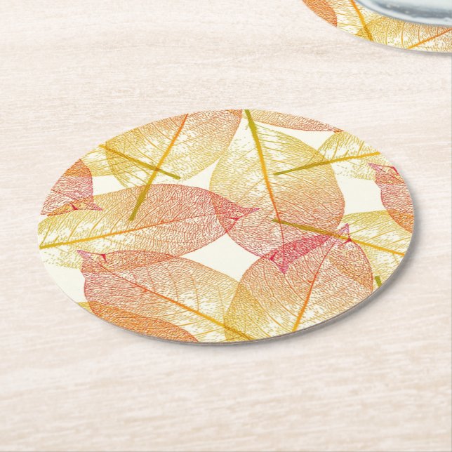 Red Gold Yellow Leaves Autumn Season Pattern Round Paper Coaster (Angled)