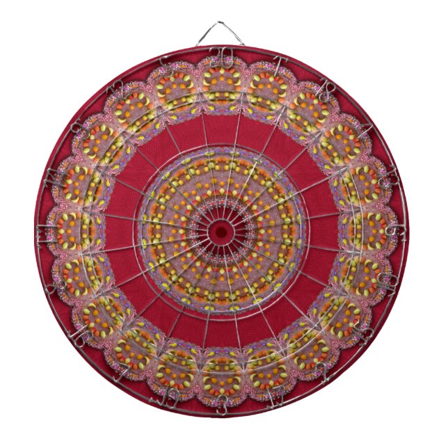 Red Gold Yellow rosettes Mandala Dartboard (Front)