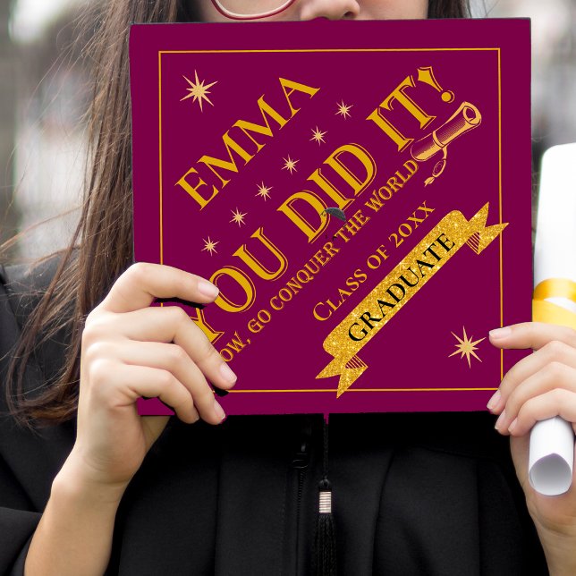 Red Gold You Did It Quote Class of 2026 Graduation Cap Topper (Red Gold Glitter Class Of 2025 You Did It Quote Graduation Cap Topper)