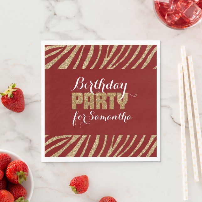 Red Gold Zebra Print Faux Glitter Birthday Napkins (Insitu)