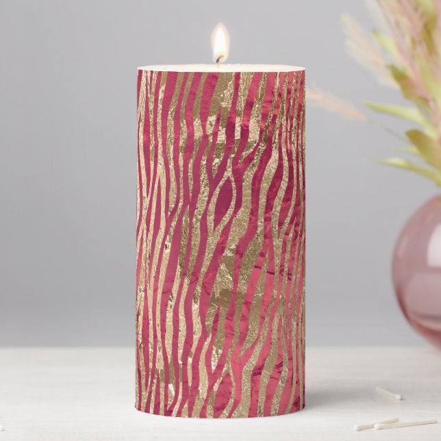 Red Gold Zebra Print Pillar Candle (In Situ)