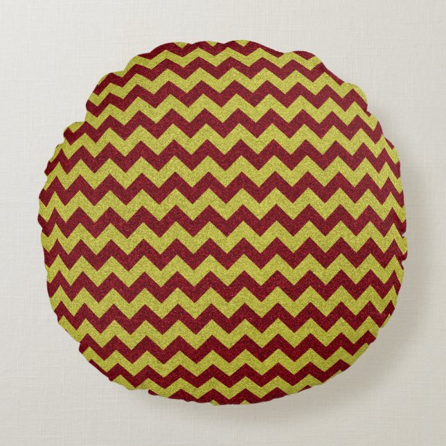 Red & Gold Zig Zag Glitter Round Pillow (Front)