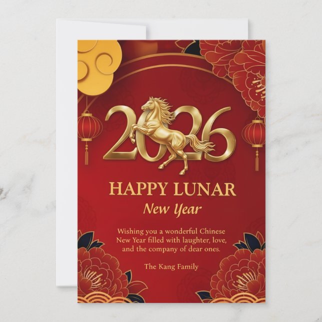 Red Gold Zodiac 2026 Horse Chinese Lunar New Year  Holiday Card (Front)