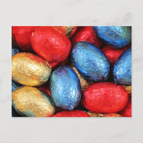 Red golden and blue Belgian chocolate Easter eggs Holiday Postcard