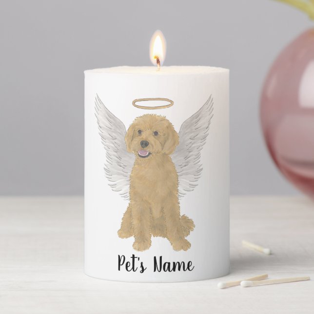 Red Golden Apricot Doodle Sympathy Memorial Pillar Candle (In Situ)