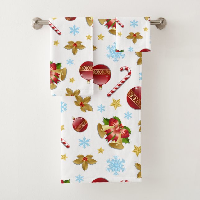 Red & Golden Christmas balls, Christmas holly Bath Towel Set (Insitu)