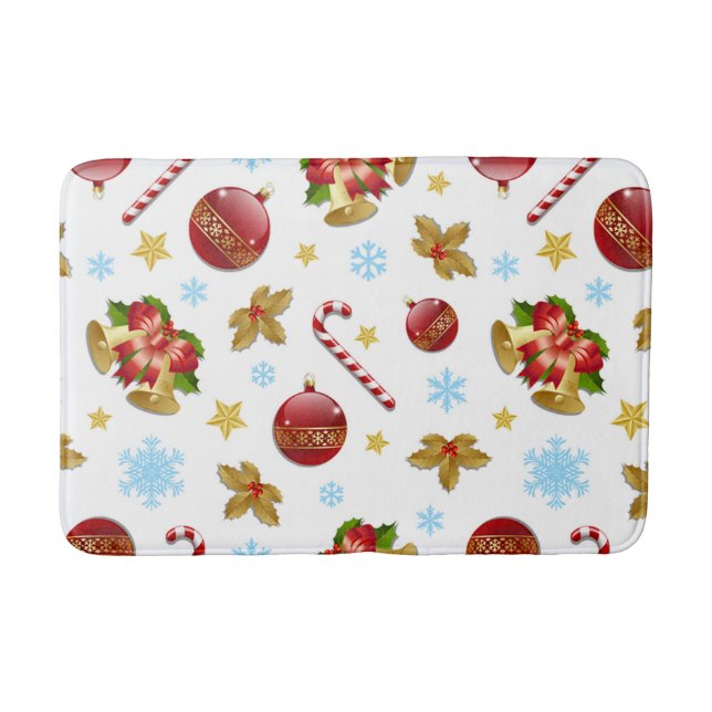 Red & Golden Christmas balls, Christmas holly Bathroom Mat (Front)