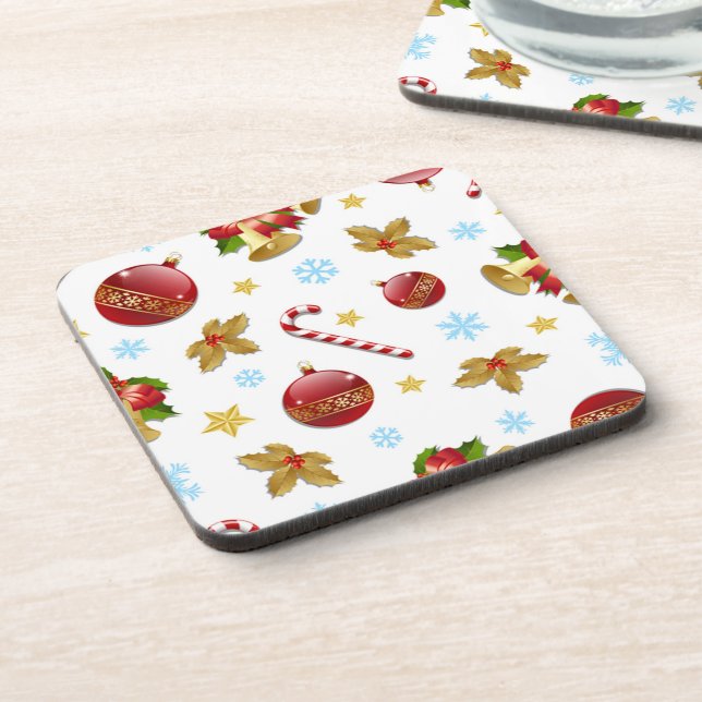 Red & Golden Christmas balls, Christmas holly Beverage Coaster (Left Side)