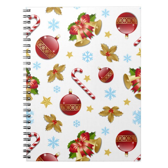 Red & Golden Christmas balls, Christmas holly Notebook (Front)