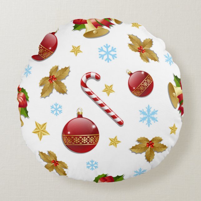 Red & Golden Christmas balls, Christmas holly Round Pillow (Front)
