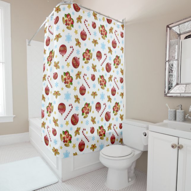 Red & Golden Christmas balls, Christmas holly Shower Curtain (In Situ)