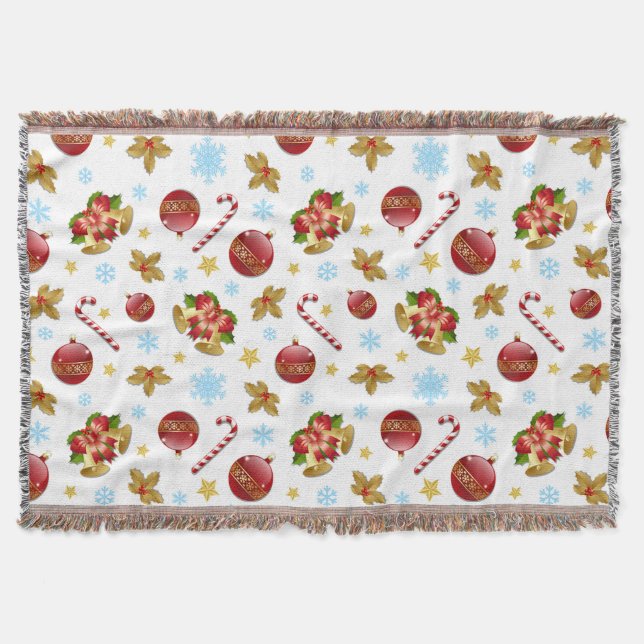 Red & Golden Christmas balls, Christmas holly Throw Blanket (Front)