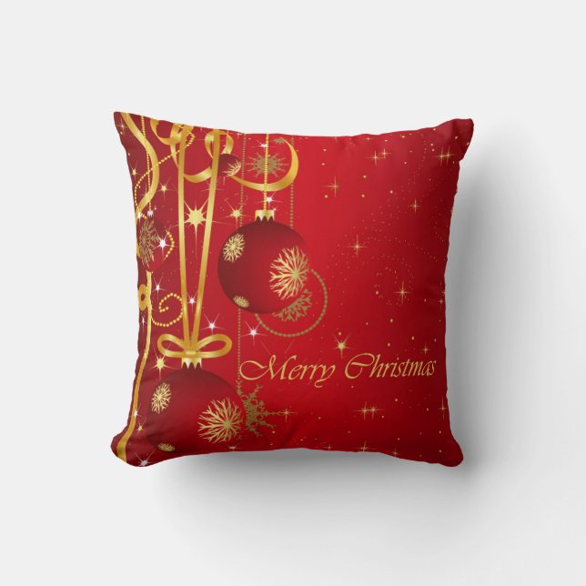Red & Golden Christmas Ornaments Throw Pillow (Front)