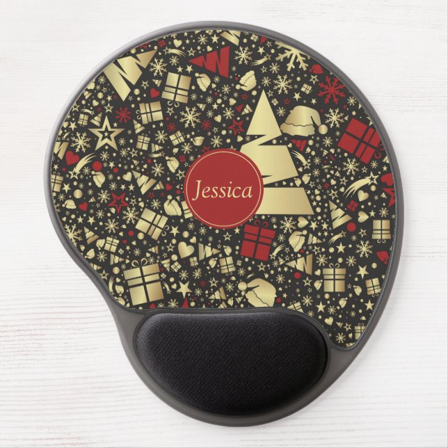 Red & Golden Christmas Tree Snowflakes and Stars Gel Mouse Pad (Front)