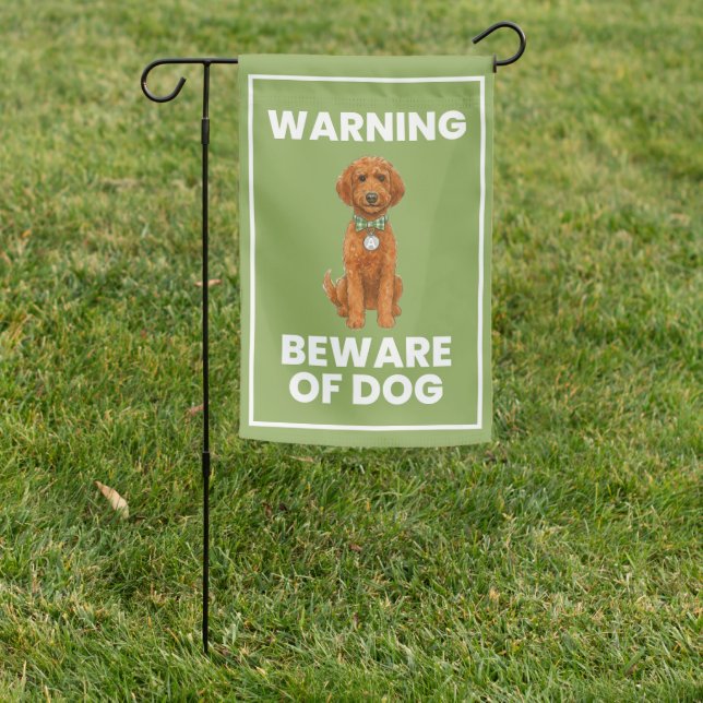 Red Golden Doodle Yard Flag - Beware of Dog Green (In SItu)