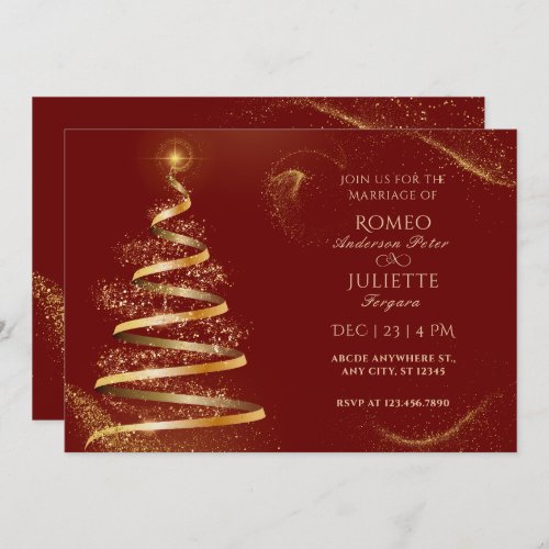 Red golden elegant christmas tree wedding invitation