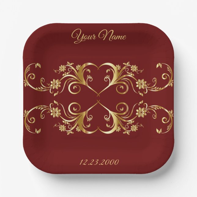 Red Golden Geometric Elegant Wedding Party Paper Plates (Front)
