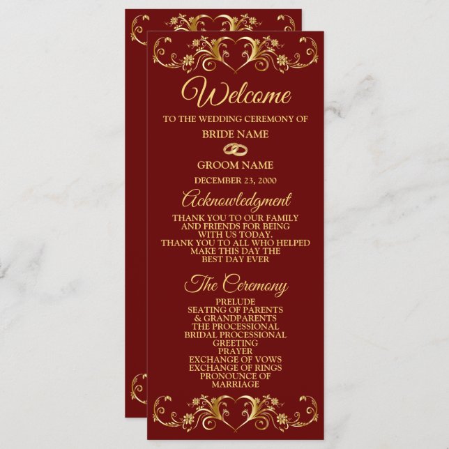 Red Golden Geometric Elegant Wedding  Program (Front/Back)