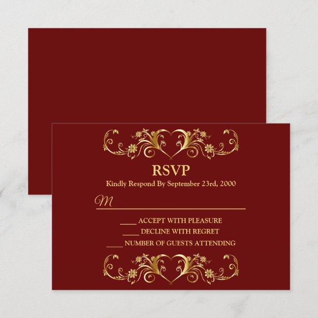 Red Golden Geometric Trendy Wedding RSVP Card (Front/Back)