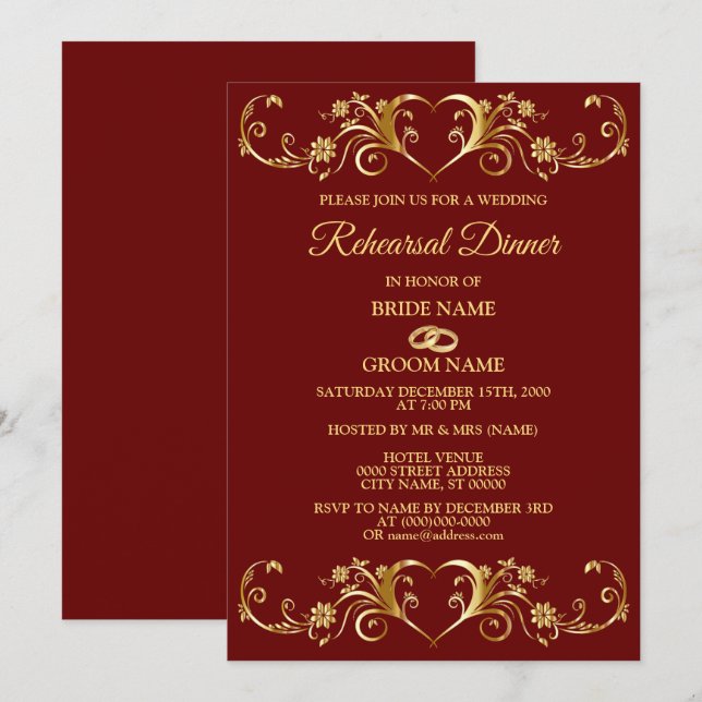Red Golden Geometric Wedding Rehearsal Dinner Invitation (Front/Back)