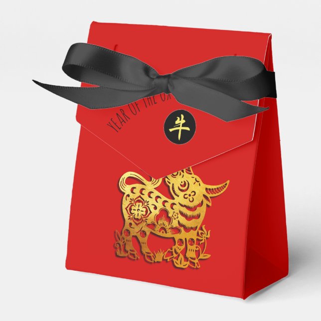 Red Golden Ox Papercut Chinese New Year 2021 TFB Favor Boxes (Front Side)
