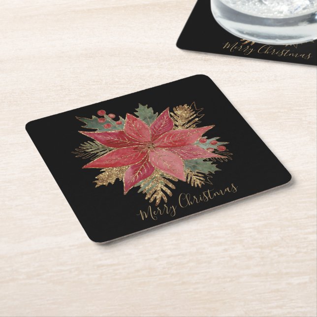 Red Golden Poinsettia Flower Merry Christmas  Square Paper Coaster (Angled)