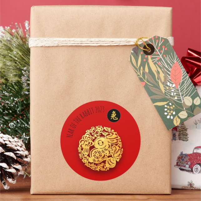 Red Golden Rabbit Papercut Chinese New Year 2023 S Classic Round Sticker (Holiday)