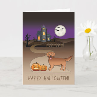 Red Golden Retriever And Halloween Haunted House Card