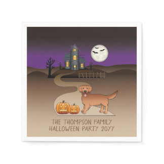 Red Golden Retriever And Halloween Haunted House Napkins