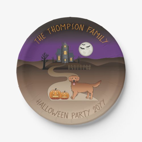 Red Golden Retriever And Halloween Haunted House Paper Plates