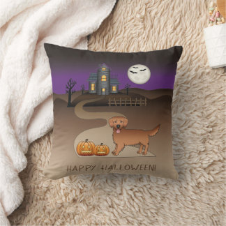 Red Golden Retriever And Halloween Haunted House Throw Pillow