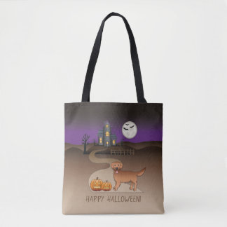 Red Golden Retriever And Halloween Haunted House Tote Bag