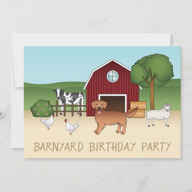 Red Golden Retriever At A Farm - Birthday Party  Invitation (Front)
