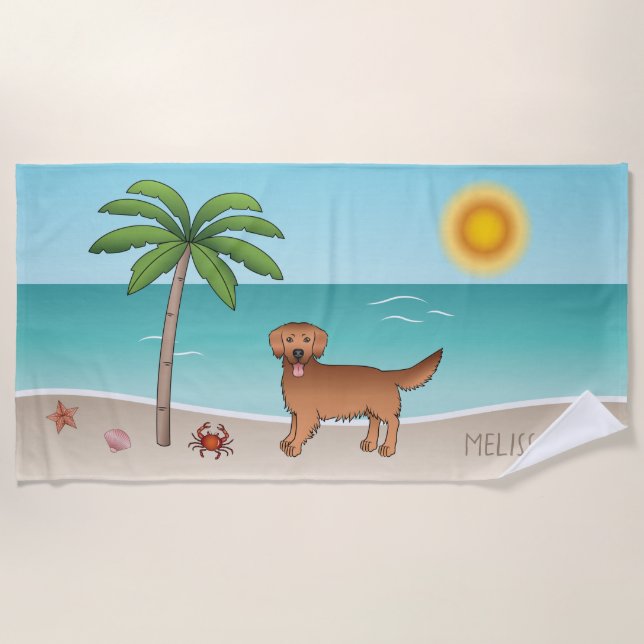 Red Golden Retriever At A Tropical Summer Beach - Beach Towel (Front)